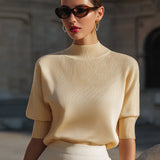 Ribbed Mock-Neck Short-Sleeve Knit Top