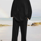 Solid Color Loose Long Sleeve Round Neck Shirt Top + Drawstring Pants Two-Piece Set