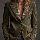 Embroidered Floral Olive Green Velvet Blazer