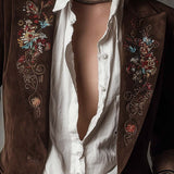 Retro Brown Suede Blazer Featuring Embroidered Accents