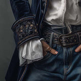 Embroidered Long Jacket in Vintage Navy Polyester Velvet