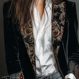 Classic Black Velvet Blazer with Baroque Printed Lapel - Timeless Vintage Luxury