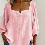 Arianne | Women's Square Neck Blouse 3/4 Puff Sleeve Button Top