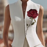 Rose Embroidered Sleeveless Zip-Front Vest