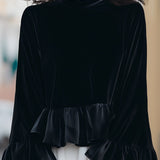 Round Neck Velvet Ruffle-Trim Blouse
