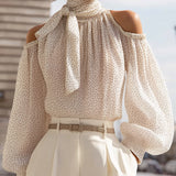 Polka Dot Cold-Shoulder Chiffon Blouse With Scarf Tie