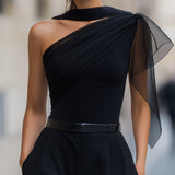 One-Shoulder Chiffon-Panel Draped Top Blouse