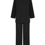 Solid Color Loose Long Sleeve Round Neck Shirt Top + Drawstring Pants Two-Piece Set