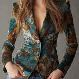 Tailored Vintage Velvet Blazer in Teal Floral Print
