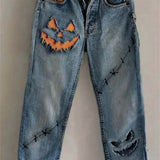 Eliana | Halloween-Inspired Blue Pumpkin Print Mid Waist Ankle Length Pants