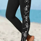 Eloise | Halloween-Inspired Black Skeleton Print Elastic Waist Ankle Length Leggings