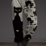 Vivienne | Halloween-Inspired Grey Black Cat Bat Print Drawstring Waist Jogger Pants