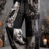 Vanessa | Halloween-Inspired Black Grey Patchwork Crow Rose Embroidery Drawstring Elastic Waist Wide Leg Pants