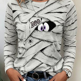 Carolina | Halloween-Inspired Mummy Boo Spider Print Round Neck Long Sleeve Slim Fit