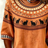 Carla | Vintage Round Neck Half Sleeve Halloween-Inspired Print Regular Micro-Elasticity Regular Fit Blouse For Women