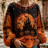 Brielle | Halloween-Inspired Blouse Round Neck Long Sleeve Print Top