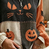 Katherine | Halloween Cat Casual Blouse Round Neck Long Sleeve Print Top