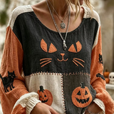 Katherine | Halloween Cat Casual Blouse Round Neck Long Sleeve Print Top