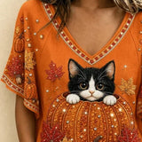 Cora | Halloween Casual Cat V Neck Short Sleeve T-shirt