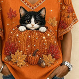 Cora | Halloween Casual Cat V Neck Short Sleeve T-shirt