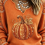 Julia | Halloween Vintage Pumpkin Pattern V Neck Long Sleeve T-shirt