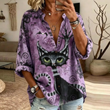 Keira | Retro Halloween-Inspired Black Cat Art Pattern Shirt