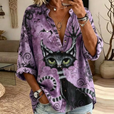 Keira | Retro Halloween-Inspired Black Cat Art Pattern Shirt