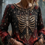 Lena | Halloween-Inspired Skull And Spider Art Distressed Gradient Crewneck Long Sleeve Top