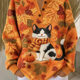 Luciana | Halloween Casual Cat Henley Collar Long Sleeve Sweatshirt