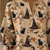 Lucille | Halloween Vintage Cat Henley Collar Long Sleeve Sweatshirt