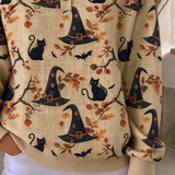 Lucille | Halloween Vintage Cat Henley Collar Long Sleeve Sweatshirt