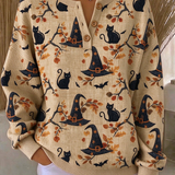 Lucille | Halloween Vintage Cat Henley Collar Long Sleeve Sweatshirt
