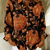 Louise | Halloween Pumpkin Pattern Vintage Shirt Shirt Collar Long Sleeve Top