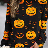 Elsie | Halloween-Inspired Pumpkin Print Loose Round Neck Sweatshirt