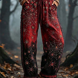 Holly | Halloween-Inspired Red Black Spider Web Rose Print Drawstring Elastic Waist Long Pants