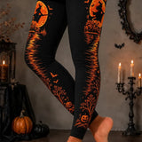 Ophelia | Halloween-Inspired Black Witch Moon Bat Pumpkin Print High Waist Long Leggings