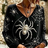 Matilda | Halloween-Inspired Black Spider Web Pearl Print V Neck Long Sleeve Blouse