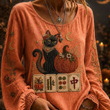 Alma | Halloween-Inspired Orange Black Cat Pumpkin Mahjong Print Round Neck Long Sleeve Blouse