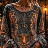 Isla | Halloween-Inspired Dark Grey Spider Web Floral Print Round Neck Long Sleeve Blouse