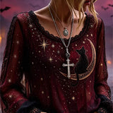 Eleonora | Halloween-Inspired Burgundy Black Cat Moon Print Round Neck Long Sleeve Blouse