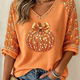 Olivia | Halloween-Inspired Orange Bow Pumpkin Print V Neck Three-Quarter Sleeve Blouse
