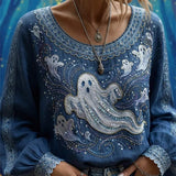 Georgia | Halloween-Inspired Blue Ghost Print Round Neck Long Sleeve Blouse
