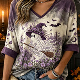 Alessandra | Halloween-Inspired Purple Ghost Witch Floral Print V Neck Three-Quarter Sleeve Blouse