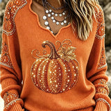 Jade | Halloween-Inspired Orange Pumpkin Maple Leaf Print V Neck Long Sleeve Sweater