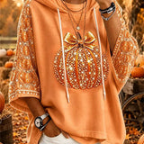 Laura | Halloween-Inspired Orange Bow Pumpkin Print Three-Quarter Sleeve Hoodie