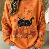 Luna | Halloween-Inspired Orange Cat Pumpkin Maple Leaf Print Round Neck Long Sleeve Sweatshirt