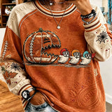 Leonor | Halloween-Inspired Orange Beige Pumpkin Ghost Football Print Round Neck Long Sleeve Sweatshirt