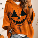 Aria | Halloween-Inspired Orange Pumpkin Face Print Three-Quarter Sleeve Hoodie