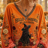 Callie | Halloween-Inspired Orange Witch Floral Letter Print V Neck Long Sleeve Top