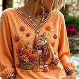 Bianca | Halloween-Inspired Orange Cat Pumpkin Maple Leaf Print V Neck Long Sleeve Top